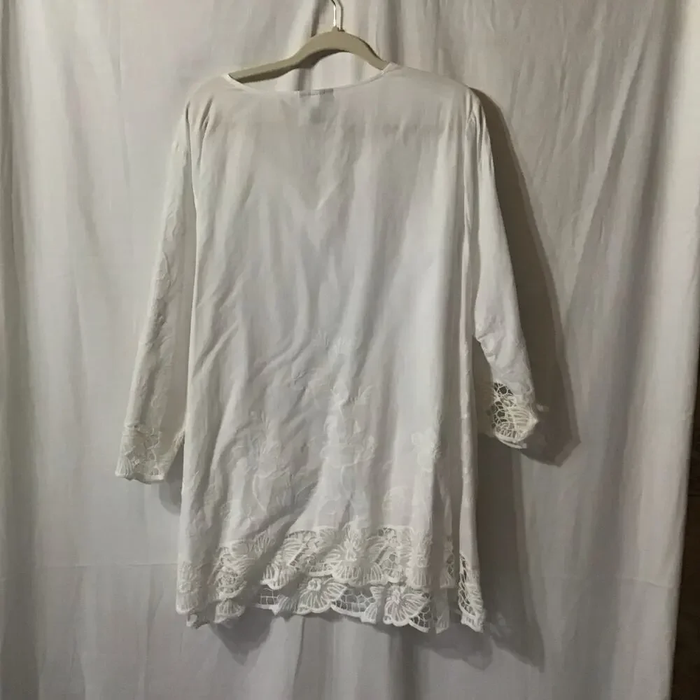 NWT Catherines White 100% Cotton Boho Floral Embroidered Lace Coverup 2X